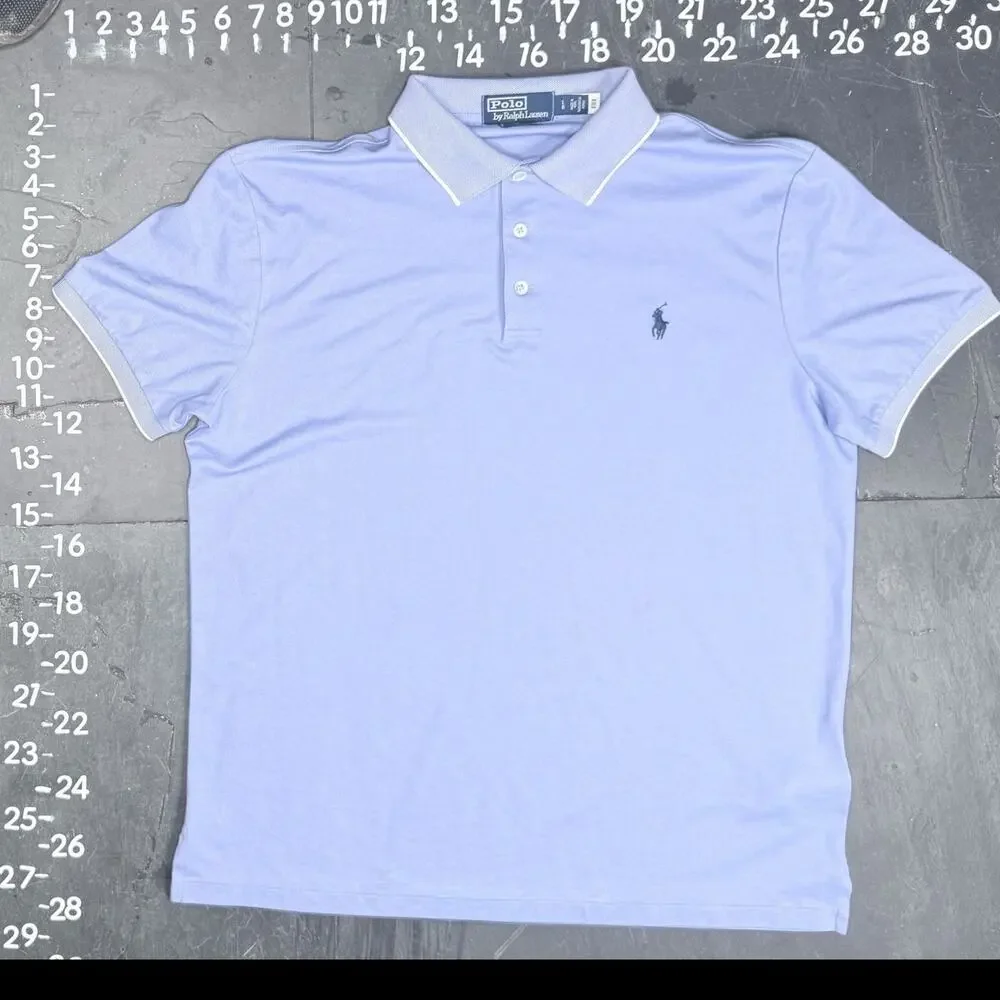 Polo Ralph Lauren Light Blue Custom Slim Fit Tipped Piqué Polo Shirt - Picture 2 of 8